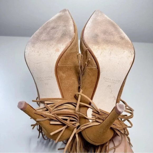 Zara Womens 38 Suede Leather Fringe Cowgirl Heel  Shoes - Picture 9 of 14